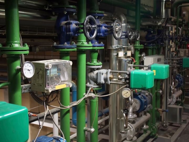 Industriële leidingen, kleppen en meters in een installatie